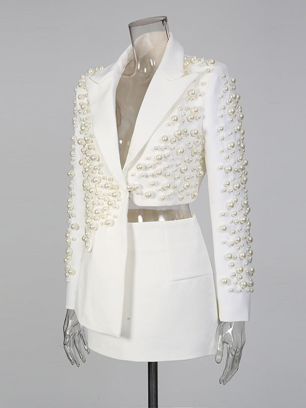 Pearl Beaded Blazer Skirt Set For Women - Sexy Asymmetric Hem Cut Out Mini 2 Piece Suit - Spring Night Out Party 2026