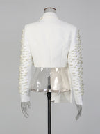 Pearl Beaded Blazer Skirt Set For Women - Sexy Asymmetric Hem Cut Out Mini 2 Piece Suit - Spring Night Out Party 2026