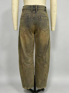 Barrel Leg Jeans For Women - Horseshoe Cut Baggy Wide Leg Denim Trousers With Seam Detail - Spring Casual Streetwear 2026