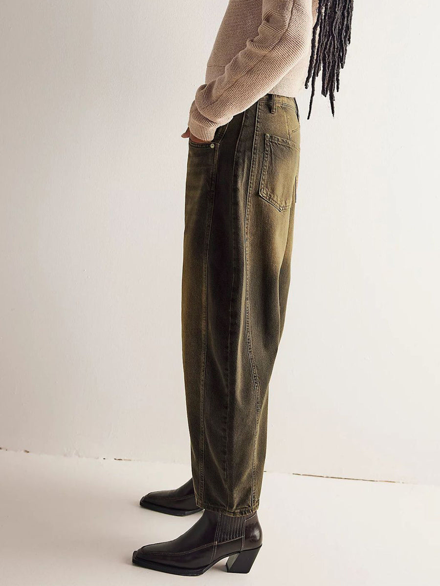 Barrel Leg Jeans For Women - Horseshoe Cut Baggy Wide Leg Denim Trousers With Seam Detail - Spring Casual Streetwear 2026