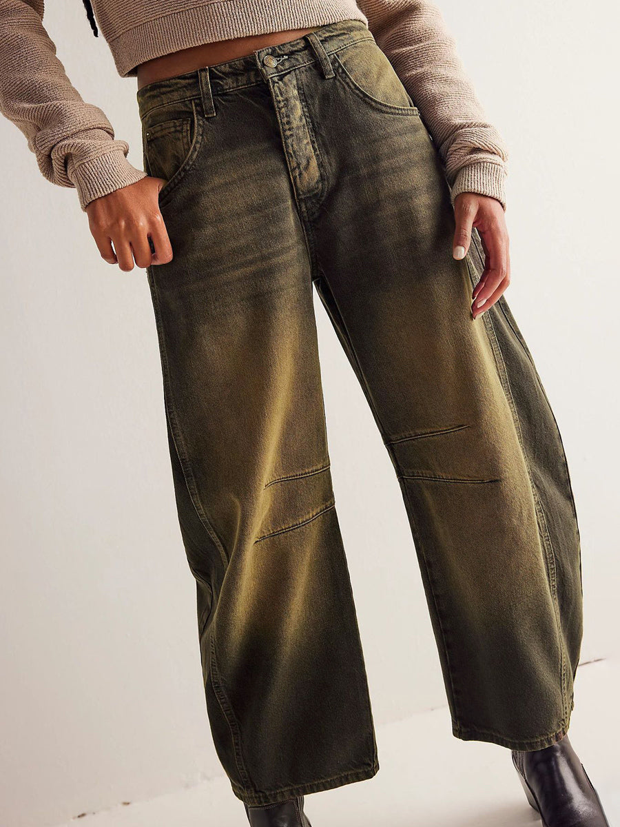 Barrel Leg Jeans For Women - Horseshoe Cut Baggy Wide Leg Denim Trousers With Seam Detail - Spring Casual Streetwear 2026