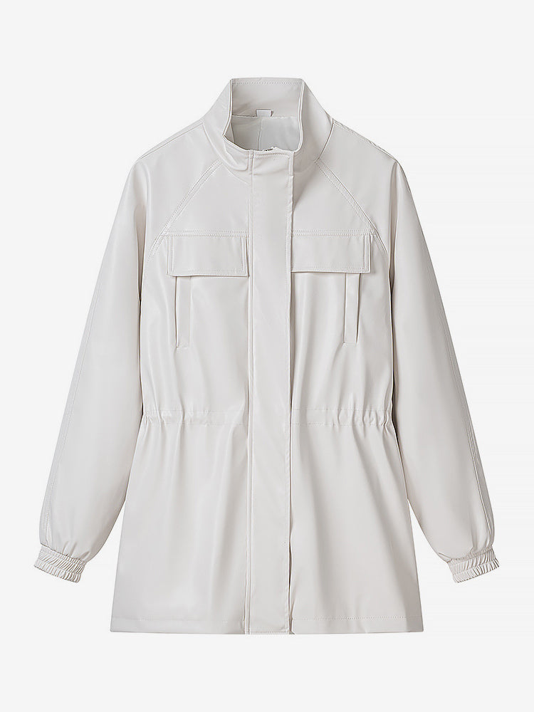 Faux Leather Safari Jacket For Women - Drawstring Waist High Neck Cargo Pocket Midi Coat - Spring Chic Streetwear 2026