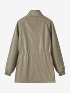 Faux Leather Safari Jacket For Women - Drawstring Waist High Neck Cargo Pocket Midi Coat - Spring Chic Streetwear 2026