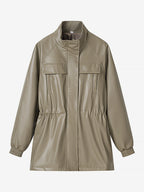 Faux Leather Safari Jacket For Women - Drawstring Waist High Neck Cargo Pocket Midi Coat - Spring Chic Streetwear 2026