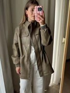Faux Leather Safari Jacket For Women - Drawstring Waist High Neck Cargo Pocket Midi Coat - Spring Chic Streetwear 2026