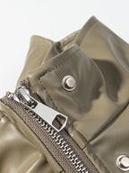 Faux Leather Safari Jacket For Women - Drawstring Waist High Neck Cargo Pocket Midi Coat - Spring Chic Streetwear 2026