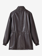 Faux Leather Safari Jacket For Women - Drawstring Waist High Neck Cargo Pocket Midi Coat - Spring Chic Streetwear 2026