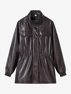Faux Leather Safari Jacket For Women - Drawstring Waist High Neck Cargo Pocket Midi Coat - Spring Chic Streetwear 2026