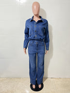 Long Sleeve Denim Jumpsuit For Women - Blue Button Down Straight Leg One Piece Jean Romper - Spring Casual Streetwear 2026