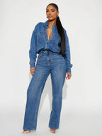 Long Sleeve Denim Jumpsuit For Women - Blue Button Down Straight Leg One Piece Jean Romper - Spring Casual Streetwear 2026