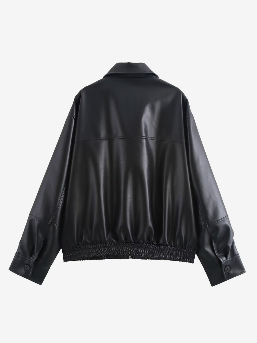 Vintage Faux Leather Bomber Jacket For Women - Retro Zip Up Oversized Harrington Moto Coat - Spring Casual Outerwear 2026