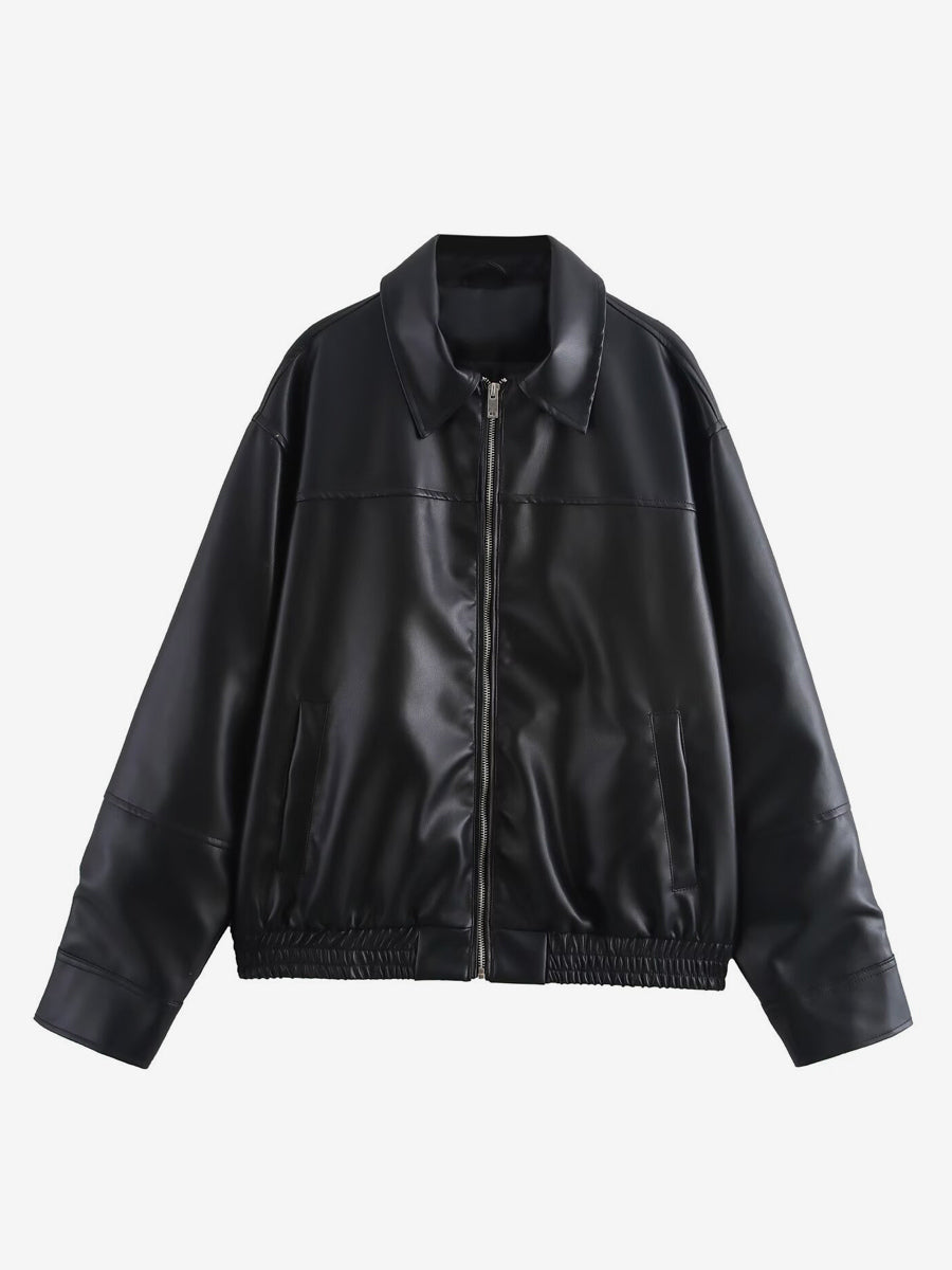 Vintage Faux Leather Bomber Jacket For Women - Retro Zip Up Oversized Harrington Moto Coat - Spring Casual Outerwear 2026