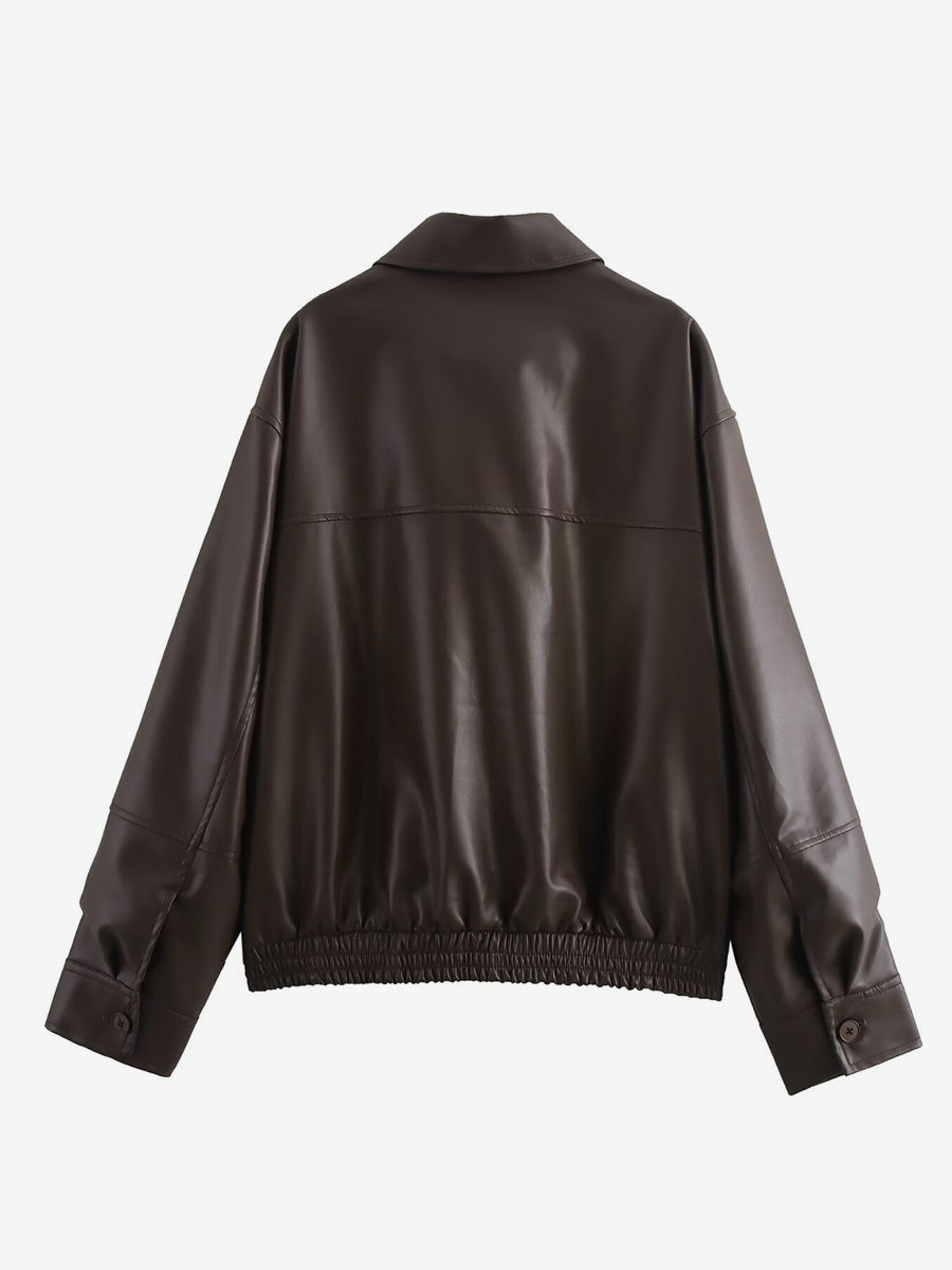 Vintage Faux Leather Bomber Jacket For Women - Retro Zip Up Oversized Harrington Moto Coat - Spring Casual Outerwear 2026