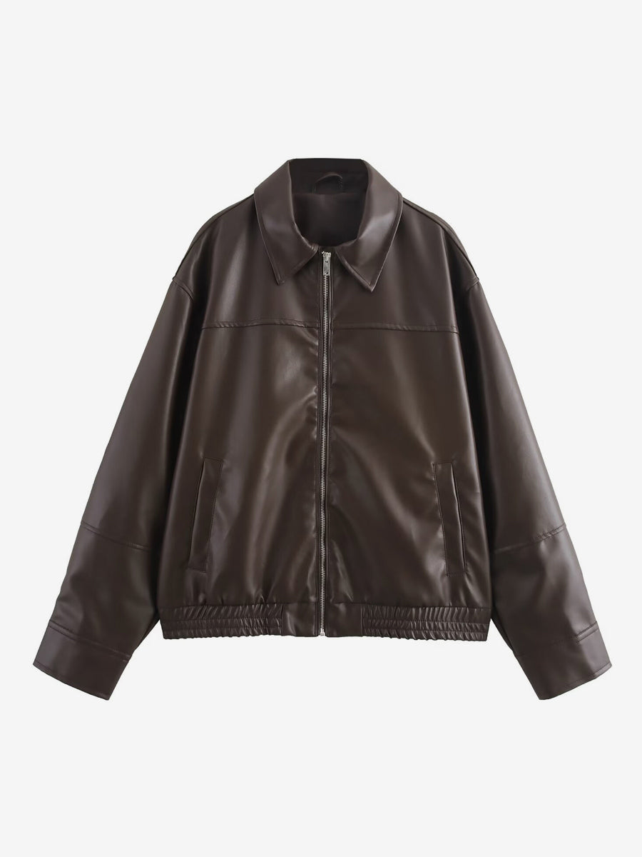 Vintage Faux Leather Bomber Jacket For Women - Retro Zip Up Oversized Harrington Moto Coat - Spring Casual Outerwear 2026