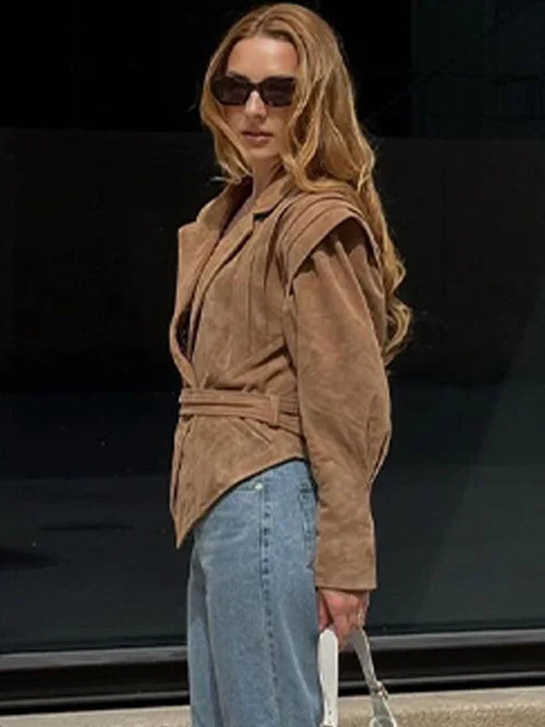 Faux Suede Wrap Jacket For Women - Brown Hourglass Tailored Blazer Structured Shoulder Coat - Spring Chic Streetwear 2026