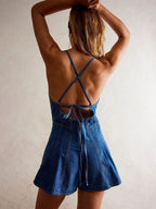 Backless Washed Denim Romper For Women - Grunge V-Neck Cross Strap Playsuit With Pockets - Summer Music Festival 2026
