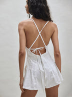 Backless Washed Denim Romper For Women - Grunge V-Neck Cross Strap Playsuit With Pockets - Summer Music Festival 2026