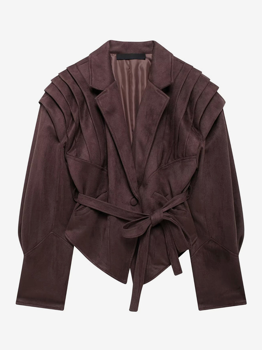 Faux Suede Wrap Jacket For Women - Brown Hourglass Tailored Blazer Structured Shoulder Coat - Spring Chic Streetwear 2026