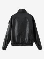 Oversized Faux Leather Bomber Jacket For Women - Black Retro High Neck Loose Moto Biker Coat - Spring Chic Streetwear 2026