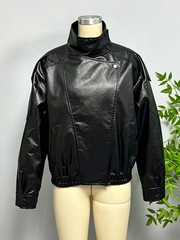 Oversized Faux Leather Bomber Jacket For Women - Black Retro High Neck Loose Moto Biker Coat - Spring Chic Streetwear 2026