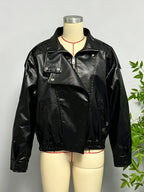 Oversized Faux Leather Bomber Jacket For Women - Black Retro High Neck Loose Moto Biker Coat - Spring Chic Streetwear 2026
