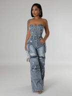Cargo Strapless Denim Jumpsuit For Women - Blue Y2K Ripped Wide Leg Bodycon Playsuit With Pocket - Summer Night Out Club 2026