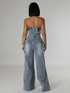Cargo Strapless Denim Jumpsuit For Women - Blue Y2K Ripped Wide Leg Bodycon Playsuit With Pocket - Summer Night Out Club 2026