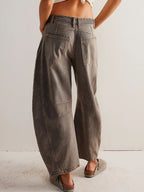 Barrel Leg Jeans For Women - Horseshoe Cut Baggy Wide Leg Denim Trousers With Seam Detail - Spring Casual Streetwear 2026