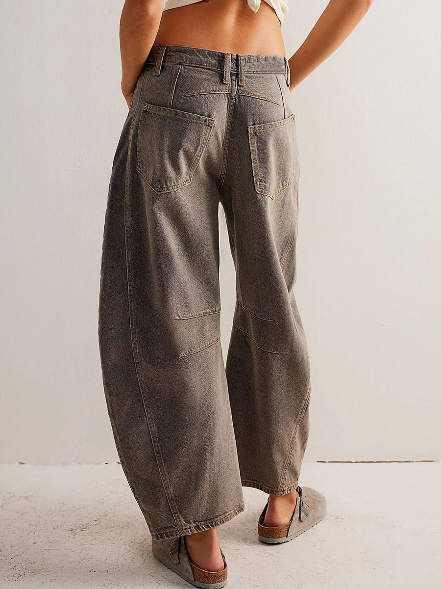 Barrel Leg Jeans For Women - Horseshoe Cut Baggy Wide Leg Denim Trousers With Seam Detail - Spring Casual Streetwear 2026