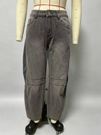 Barrel Leg Jeans For Women - Horseshoe Cut Baggy Wide Leg Denim Trousers With Seam Detail - Spring Casual Streetwear 2026