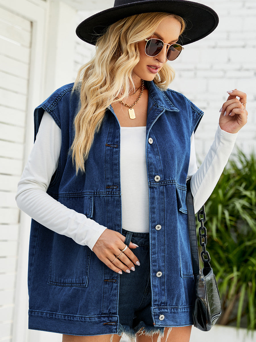 Oversized Denim Vest For Women - Vintage Long Distressed Sleeveless Jean Jacket Coat - Spring Summer Streetwear 2026