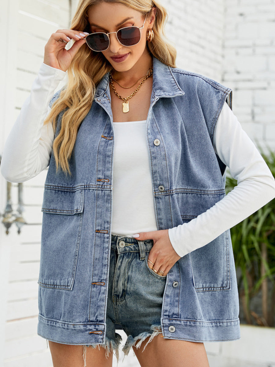 Oversized Denim Vest For Women - Vintage Long Distressed Sleeveless Jean Jacket Coat - Spring Summer Streetwear 2026