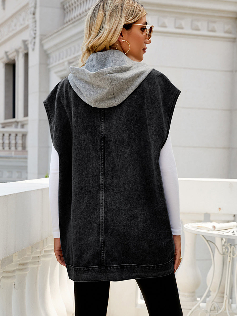 Oversized Hooded Denim Vest For Women - Longline Distressed Sleeveless Jean Jacket Coat - Spring Summer Streetwear 2026