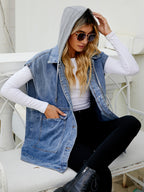 Oversized Hooded Denim Vest For Women - Longline Distressed Sleeveless Jean Jacket Coat - Spring Summer Streetwear 2026