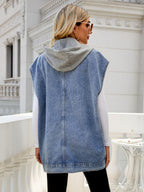 Oversized Hooded Denim Vest For Women - Longline Distressed Sleeveless Jean Jacket Coat - Spring Summer Streetwear 2026
