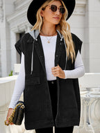 Oversized Hooded Denim Vest For Women - Longline Distressed Sleeveless Jean Jacket Coat - Spring Summer Streetwear 2026