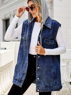Hooded Denim Vest For Women - Oversized Longline Distressed Sleeveless Jean Jacket Coat - Spring Summer Streetwear 2026
