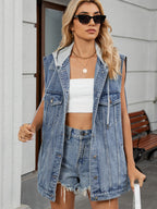 Hooded Denim Vest For Women - Oversized Longline Distressed Sleeveless Jean Jacket Coat - Spring Summer Streetwear 2026