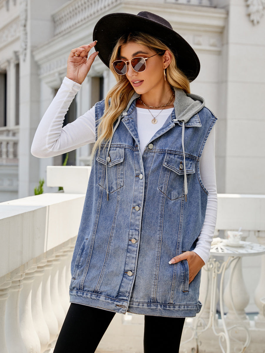 Hooded Denim Vest For Women - Oversized Longline Distressed Sleeveless Jean Jacket Coat - Spring Summer Streetwear 2026