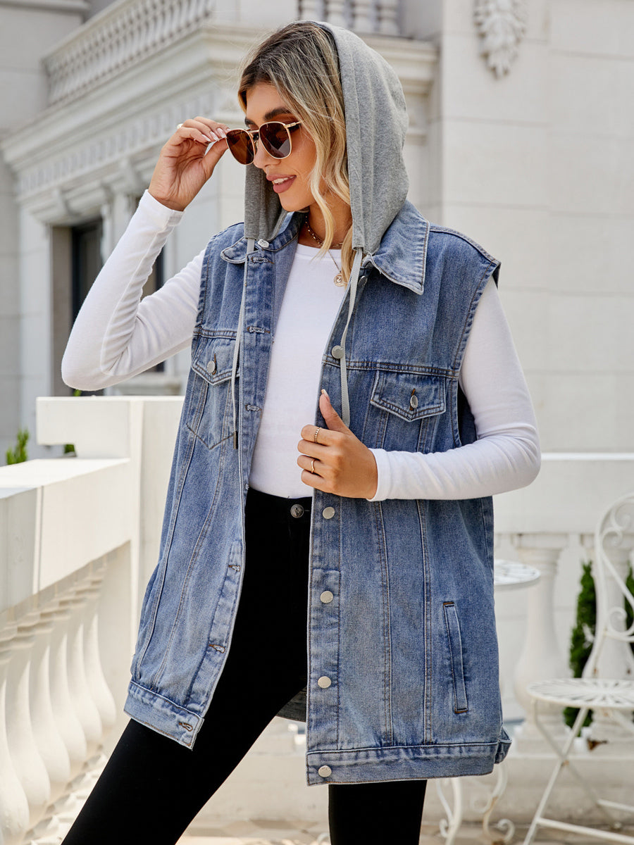 Hooded Denim Vest For Women - Oversized Longline Distressed Sleeveless Jean Jacket Coat - Spring Summer Streetwear 2026