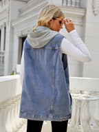 Hooded Denim Vest For Women - Oversized Longline Distressed Sleeveless Jean Jacket Coat - Spring Summer Streetwear 2026
