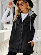 Hooded Denim Vest For Women - Oversized Longline Distressed Sleeveless Jean Jacket Coat - Spring Summer Streetwear 2026