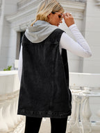 Hooded Denim Vest For Women - Oversized Longline Distressed Sleeveless Jean Jacket Coat - Spring Summer Streetwear 2026