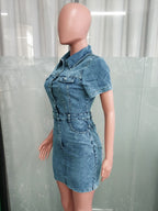 Short Sleeve Denim Dress For Women - Medium Wash Streetwear Button Up Bodycon Mini Jean Dress - Spring Night Out 2026