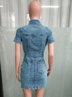 Short Sleeve Denim Dress For Women - Medium Wash Streetwear Button Up Bodycon Mini Jean Dress - Spring Night Out 2026