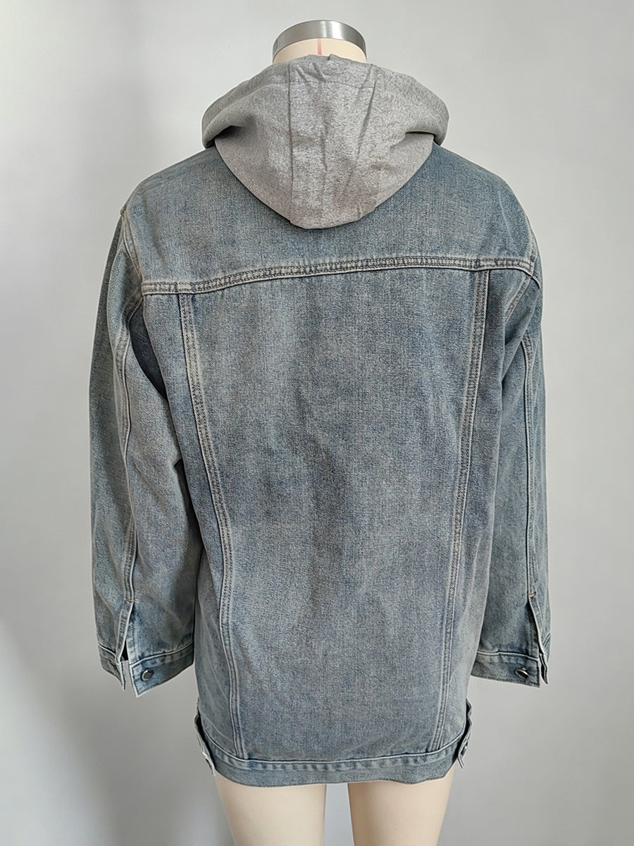Oversized Hooded Denim Jacket For Women - Long Boyfriend Fit Distressed Jean Trucker Coat - Spring Chic Streetwear 2026