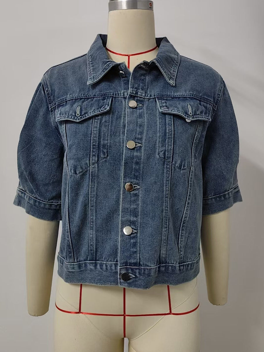 Puff Sleeve Denim Jacket For Women - Retro Half Sleeve Cropped Jean Trucker Coat - Summer Spring Streetwear 2026