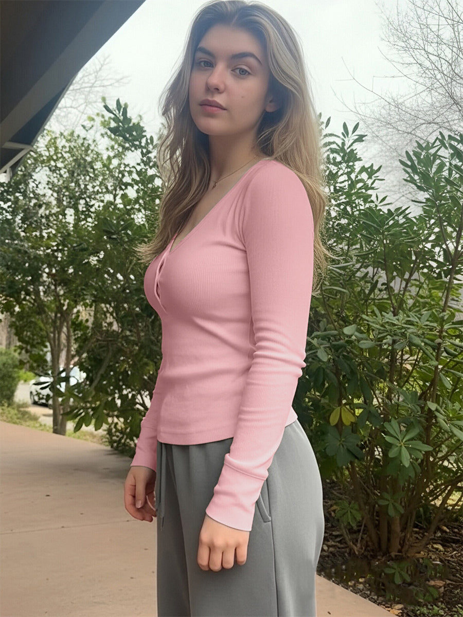 Ribbed Henley Shirt Top For Women - Casual V-Neck Long Sleeve Slim Fit Button Front Jersey Tee - Spring Daily Wear 2026