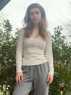 Ribbed Henley Shirt Top For Women - Casual V-Neck Long Sleeve Slim Fit Button Front Jersey Tee - Spring Daily Wear 2026