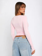 Fitted Long Sleeve Crew Neck Crop Top For Women - Y2K Slim Fit Stretchy Soft Basic Tee - Spring Streetwear 2026